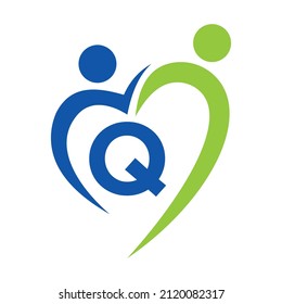 Community Care Logo On Letter Q Vector Template. Teamwork, Heart, People, Family Care, Love Logos. Charity Foundation Creative Charity Donation Sign With Q Letter
