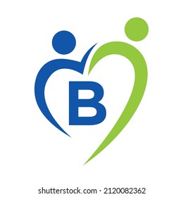 Community Care Logo On Letter B Vector Template. Teamwork, Heart, People, Family Care, Love Logos. Charity Foundation Creative Charity Donation Sign With B Letter