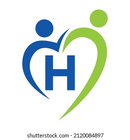 Community Care Logo On Letter H Vector Template. Teamwork, Heart, People, Family Care, Love Logos. Charity Foundation Creative Charity Donation Sign With H Letter