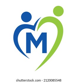 Community Care Logo On Letter M Vector Template. Teamwork, Heart, People, Family Care, Love Logos. Charity Foundation Creative Charity Donation Sign With M Letter