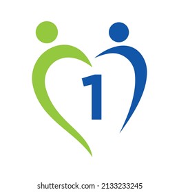 Community Care Logo On Letter 1 Vector Template. Teamwork, Heart, People, Family Care, Love Logos. Charity Foundation Creative Charity Donation Sign With 1 Letter