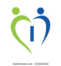 Community Care Logo On Letter I Vector Template. Teamwork, Heart, People, Family Care, Love Logos. Charity Foundation Creative Charity Donation Sign With I Letter
