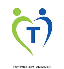 Community Care Logo On Letter T Vector Template. Teamwork, Heart, People, Family Care, Love Logos. Charity Foundation Creative Charity Donation Sign With T Letter