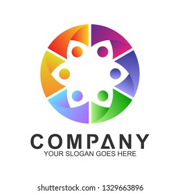 community care vector, people group, social relationship icon, charity symbol, human caring, kids and adoption logo, people teamwork, colorful and circular people logo design template