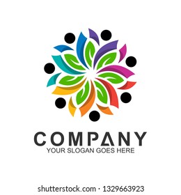 community care vector, people group, social relationship icon, charity symbol, human caring, kids and adoption logo, people teamwork, colorful and circular people logo design template