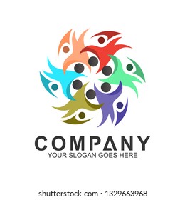 community care vector, people group, social relationship icon, charity symbol, human caring, kids and adoption logo, people teamwork, colorful and circular people logo design template