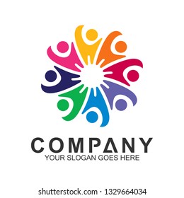 community care vector, people group, social relationship icon, charity symbol, human caring, kids and adoption logo, people teamwork, colorful and circular people logo design template