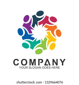 community care vector, people group, social relationship icon, charity symbol, human caring, kids and adoption logo, people teamwork, colorful and circular people logo design template
