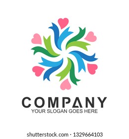 community care vector, people group, social relationship icon, charity symbol, human caring, kids and adoption logo, people teamwork, colorful and circular people logo design template