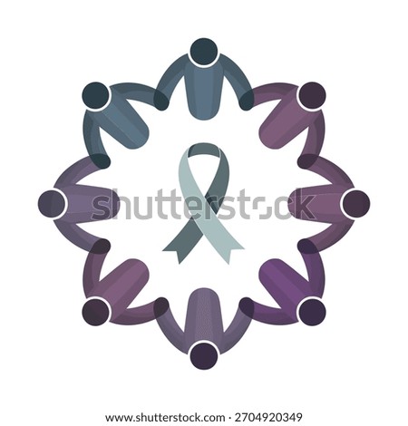 Community caring circle emblem, people around small ribbon, unity and support, health charity icon, inclusive wellness, gradient vector