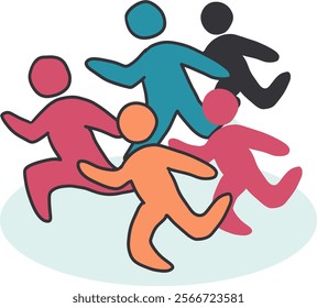 Community Charge Colorful Running Figures Art. Ideal for use in motivational materials, team-building resources, or any project emphasizing collective effort and activity.