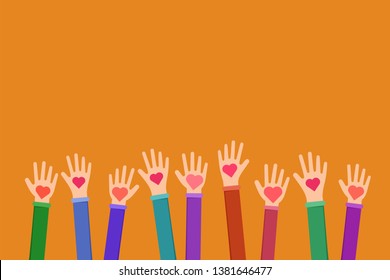 Community charitable work symbol flat illustration. Cartoon hands holding hearts on orange background. Charity fund, volunteering, fundraising organization uniting efforts for humanitarian aid svg