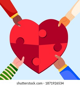 Community charitable work symbol flat illustration. hands holding heart puzzle on blue background concept.