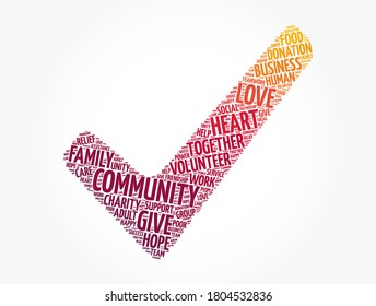 Community check mark word cloud collage, social concept background