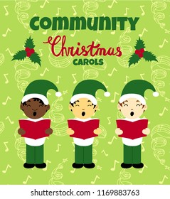 Community Christmas Carols poster with caroling multinational kids. Vector christmas concert advertising, bright christmas party invitation. Christmas caroling party illustration.