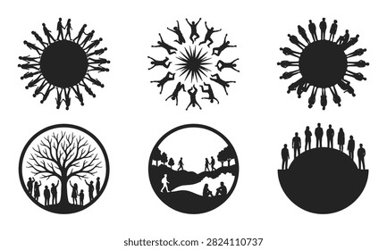 Community Circle Silhouette Collection with Human Unity Concepts and Social Connection Symbols for Graphic Design Projects