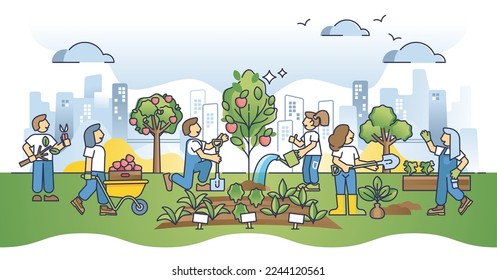 Community city garden and plants growing in urban environment outline concept. Planting vegetables, flowers or trees in flowerbeds as environmental and sustainable social activity vector illustration