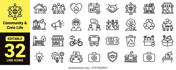 Community and civic life icon set featuring social services, environment, family, communication, transportation, events, public safety, education, and local engagement in modern line‑art vector style for urban design