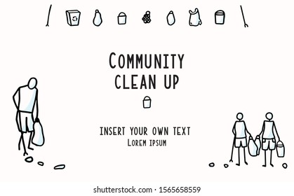 Community Clean Up Flyer With Stick Figures Trash Collecting. Concept Of Sacve The Planet. Icon Motif For Environmental Earth Day Volunteer Invitation, Eco Beach Cleaning & Recycling. Vector Eps 10