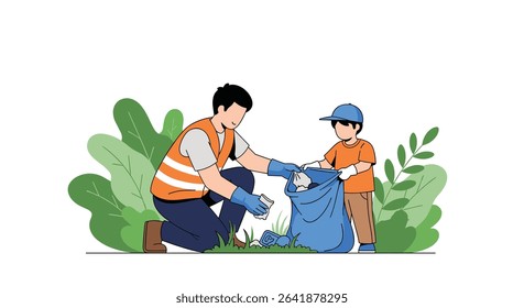 Community Cleanup Efforts A Father and Son Volunteering Together to Pick up Trash