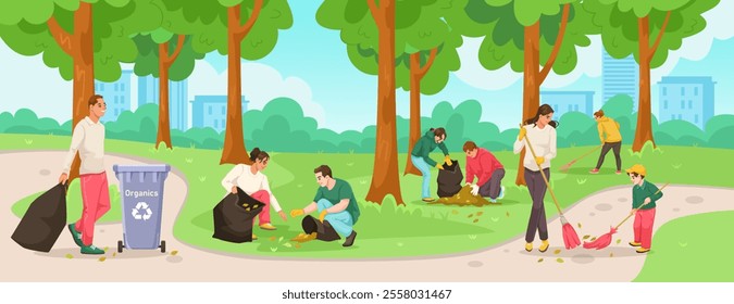 Community cleanup in a park with volunteers helping together. Vector illustration