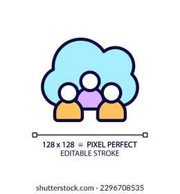Icono de color RGB perfecto para píxel de nube de la comunidad. Compartir información entre socios en línea. Acceso público al servidor. Ilustración vectorial aislada. Dibujo de línea simple relleno. Trazo editable