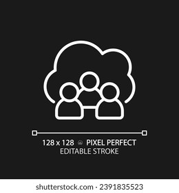 Community cloud pixel perfect white linear icon for dark theme. Share information between partners. Public access to server. Thin line illustration. Isolated symbol for night mode. Editable stroke