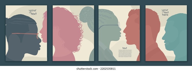 Community collaborators or co-workers. Group diversity silhouette people from the side. Concept of bargain agreement or pact. Collaborate.Colleagues. Banner - web page - poster - template