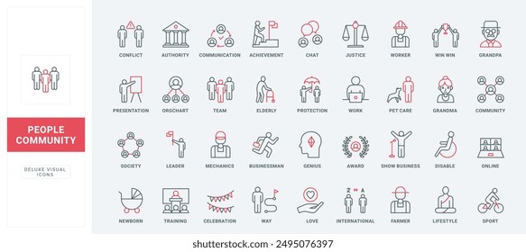 Community communication, work and life way of person line icons set. Law and authority, job and training, protection and care of family thin black and red outline symbols vector illustration