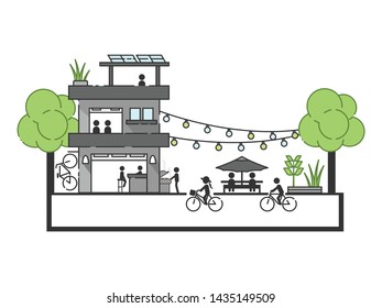 Community concept illustration of residence with people activity on bike an bbq cafe