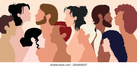 A community concept. Multi-ethnic and multi-racial society. A cartoon head portrait of a human face with diversity. Multi-ethnic and multicultural friendship.