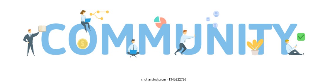 COMMUNITY. Concept with people, letters and icons. Colored flat vector illustration. Isolated on white background.