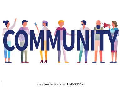 Community concept. Young modern people with gadgets. Group of people are talking. Vector illustration flat style. Isolated on white background. Web banner for advertising, design, poster.
