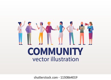 Community concept. Young modern people with gadgets. Group of people are talking. Vector illustration flat style. Isolated on white background. Web banner for advertising, design, poster.
