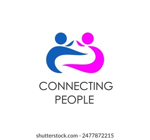 Community connect people together icon, teamwork or family union vector emblem with two stylized human figures interlocking in a flowing embrace, in blue and pink colors, symbolize unity, partnership