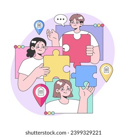 Community connection concept. People fitting together puzzle pieces, symbolizing teamwork and collaboration. Building a shared neighborhood vision. Uniting for common goals. Flat vector illustration.
