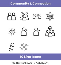 Conjunto de iconos de línea de comunidad y conexión con amigos, seguidores, seguidores, grupos de usuarios, comunidad en línea, chat en equipo, grupo público, grupo privado, símbolos de conexión y red. Ideal para App sociales, plataformas colaborativas, Sitios web, dashboards, diseño UI UX, sistemas de comunicación y productos digitales. Iconos de línea de Vector limpios, totalmente escalables, editables y fáciles de personalizar para un diseño de interfaz moderno.