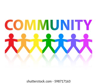 Community cut out paper people chain in rainbow colors
