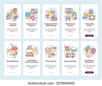 Community development onboarding mobile app page screen with concepts set. Social change walkthrough 5 steps graphic instructions. UI, UX, GUI vector template with linear color illustrations