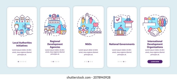 Community development programs levels onboarding mobile app page screen with concepts. NGOs walkthrough 5 steps graphic instructions. UI, UX, GUI vector template with linear color illustrations