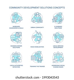 Community development solutions concept icons set. Local authorities initiatives idea thin line color illustrations. Business owner solutions. Vector isolated outline drawings. Editable stroke