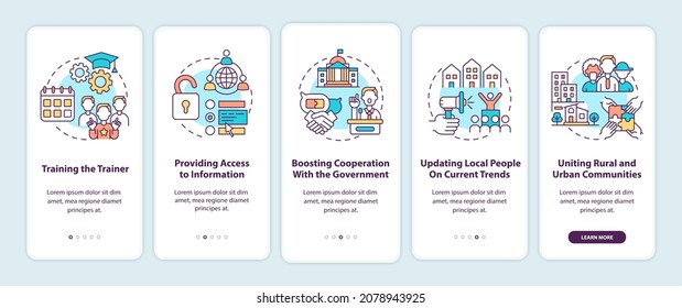 Pasos de desarrollo comunitario en la pantalla de la página de aplicaciones móviles con conceptos. Acceso a la información a través de 5 pasos de instrucciones gráficas. UI, UX, plantilla de vector GUI con ilustraciones de color lineales