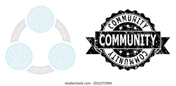 Community dirty stamp seal and vector cooperation mesh structure. Black stamp includes Community tag inside ribbon and rosette. Abstract 2d mesh cooperation, created from flat mesh.
