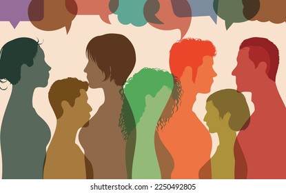 Comunidad de personas diversas. Red y comunicación. Nube de burbujas de voz. 