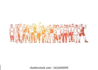 Community diversity, young and old people standing together, happy men and women in casual clothes waving hands