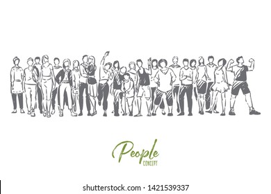 Community diversity, young and old people standing together, happy men and women in casual clothes waving hands. Group photo, family relationship concept sketch. Hand drawn vector illustration