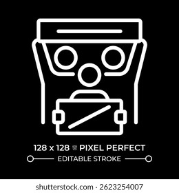 Community duties essential to free and full development pixel perfect white line icon in negative space. Movement for human rights. Monochrome linear symbol on black background. Editable stroke