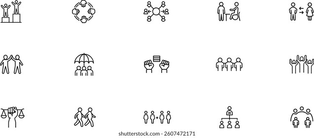 Community editable outline icon set . Victory, teamwork, network, accessibility, equality and more.