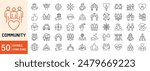 Community editable stroke outline web icons set. Community, social, friendship, people, village, relationships, diversity, support and development. Vector illustration