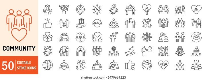 Community editable stroke outline web icons set. Community, social, friendship, people, village, relationships, diversity, support and development. Vector illustration